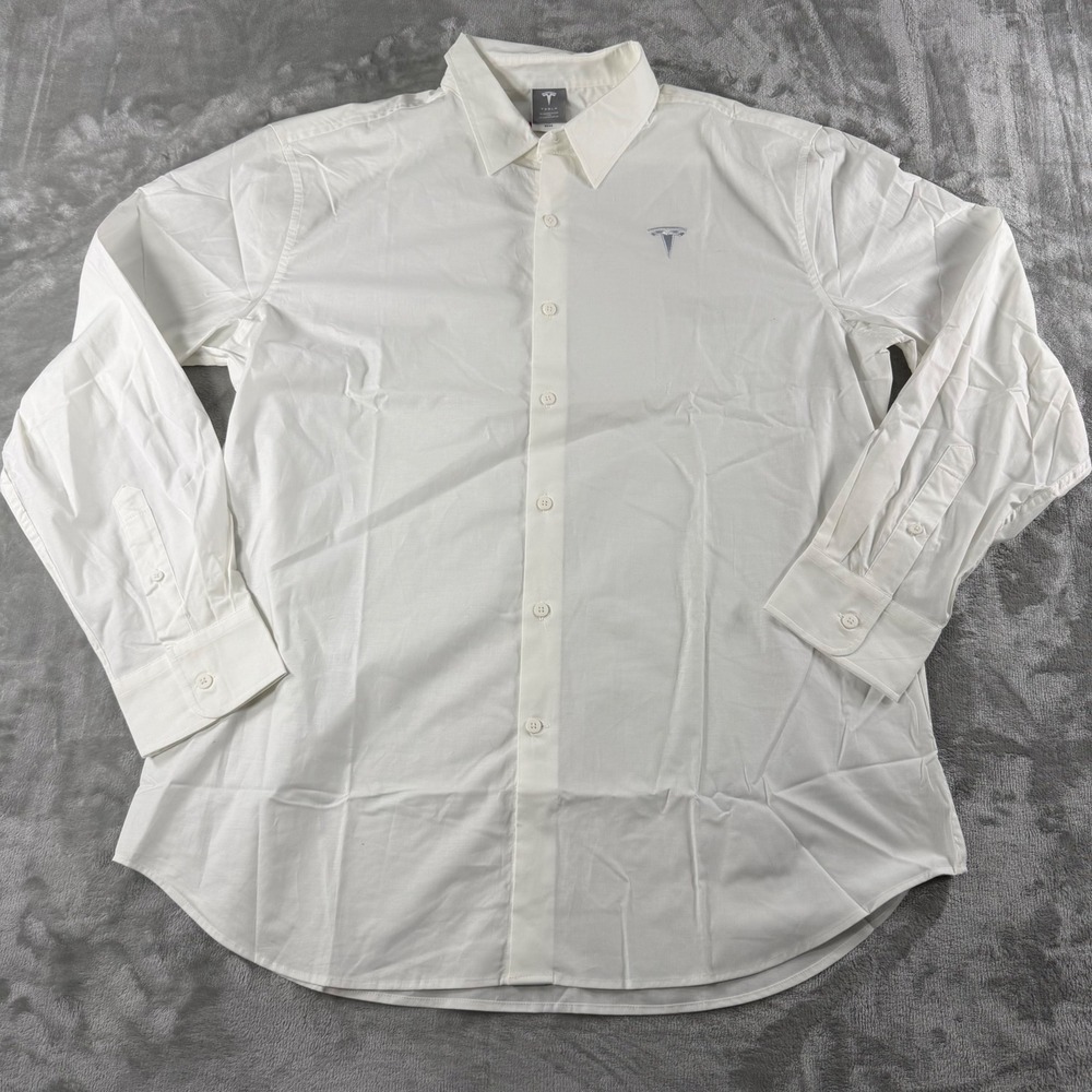 Tesla Motors Mens XL White Button‎ Down Dress Shirt Long Sleeve Embroidered Logo